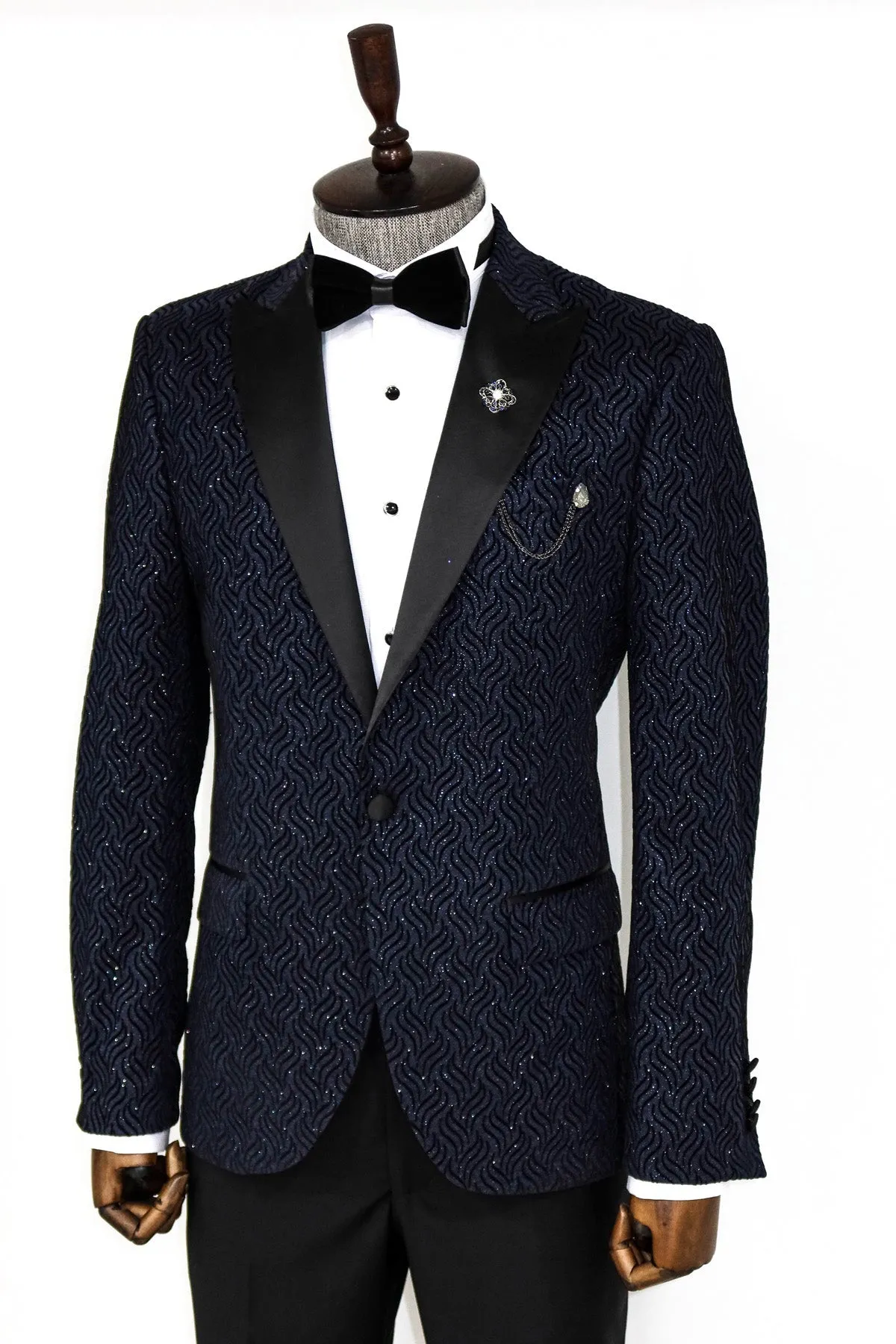 WSS Glitter Shiny Navy Blue Men Prom Blazer  - Singen