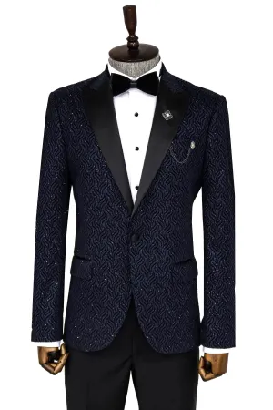 WSS Glitter Shiny Navy Blue Men Prom Blazer  - Singen