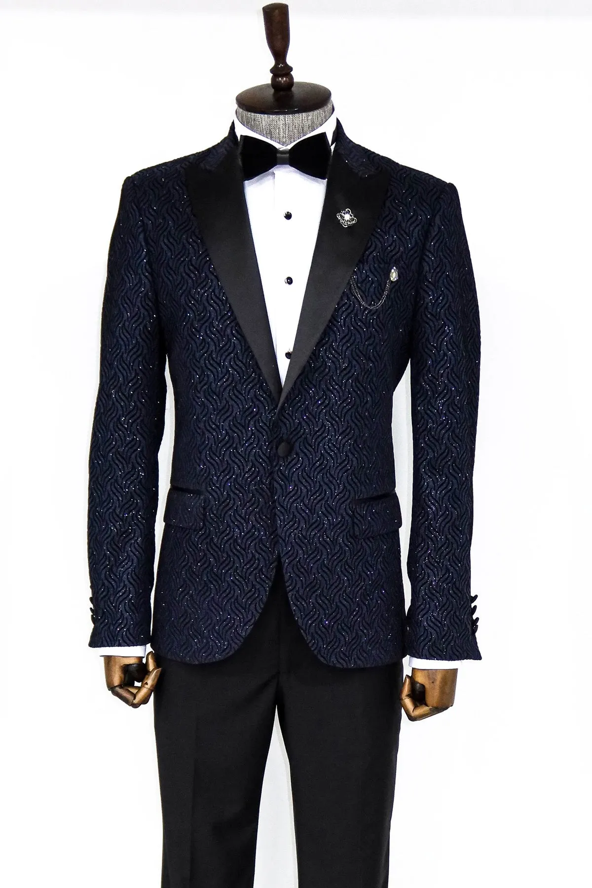 WSS Glitter Shiny Navy Blue Men Prom Blazer  - Singen
