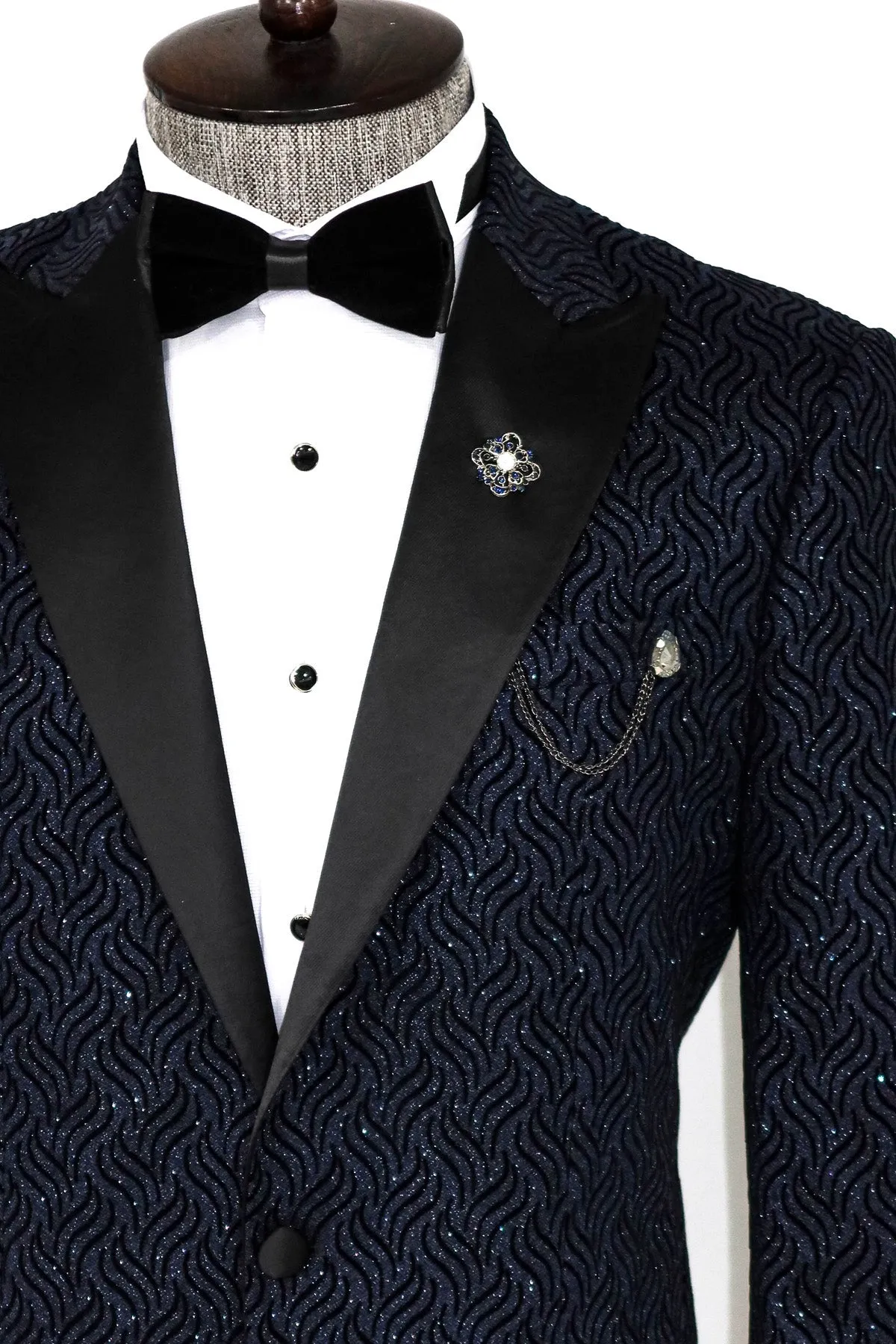 WSS Glitter Shiny Navy Blue Men Prom Blazer  - Singen