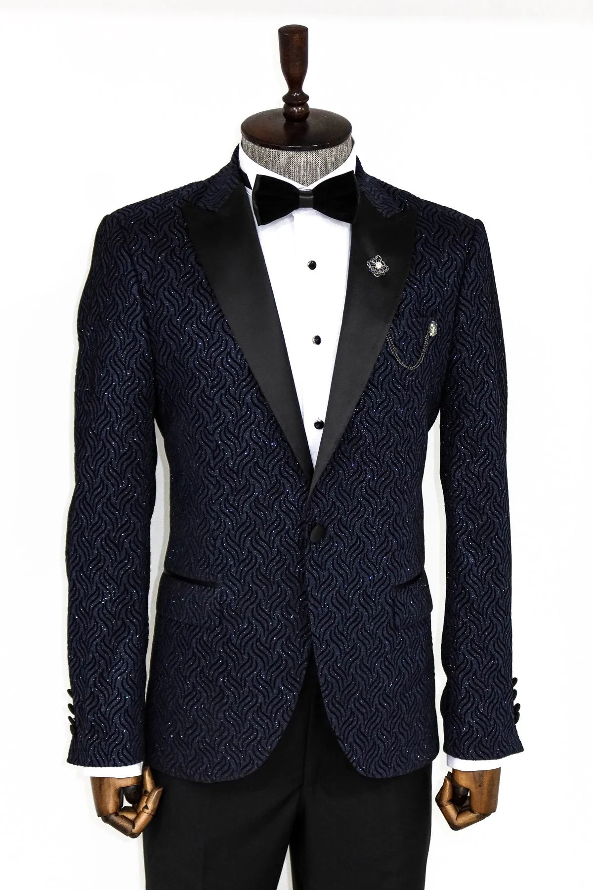 WSS Glitter Shiny Navy Blue Men Prom Blazer  - Singen