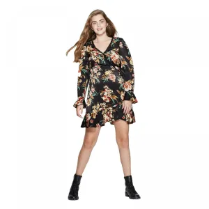 Xhilaration Women's Floral Deep V-Neck Lace Trim Satin Wrap Mini Dress
