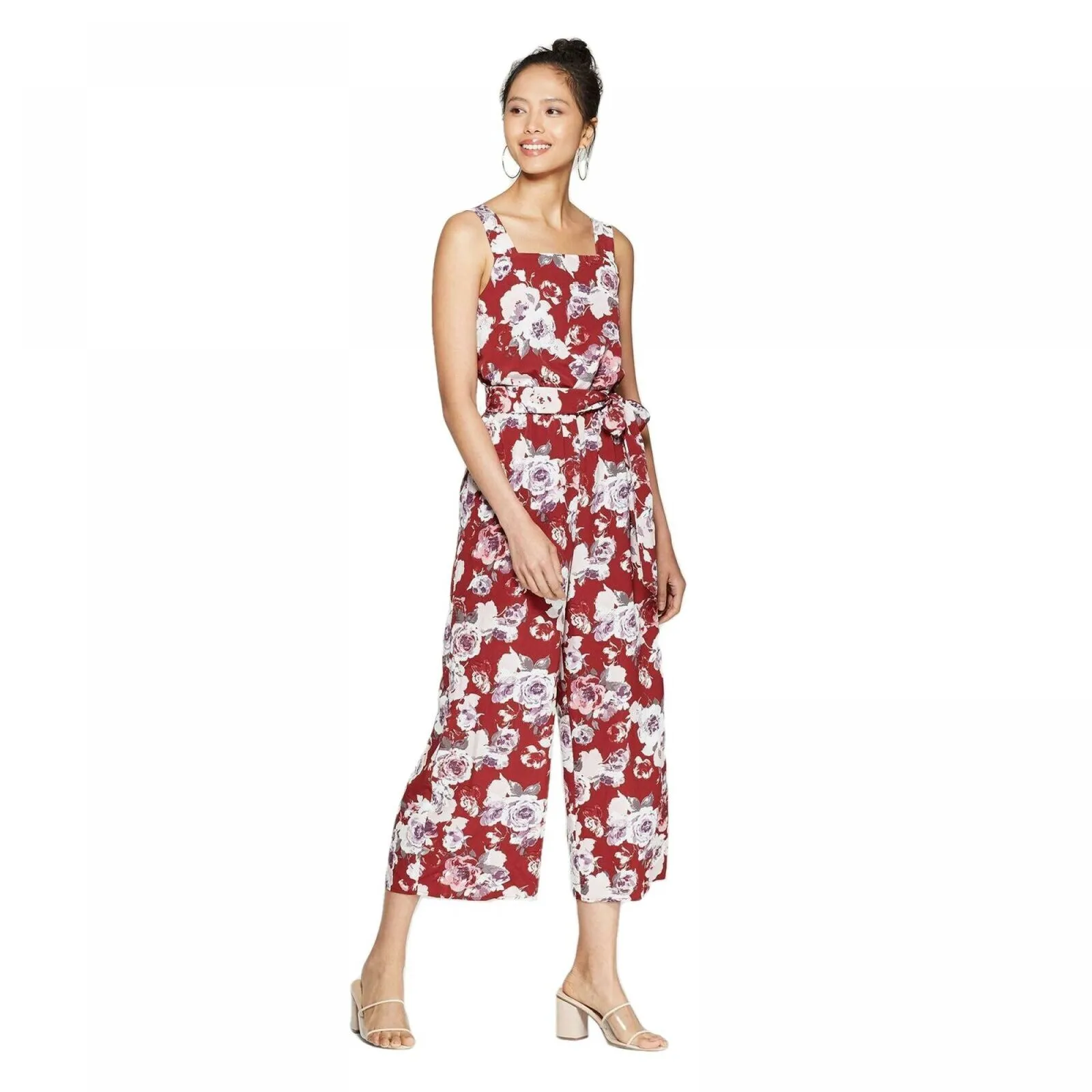 Xhilaration Women's Floral Print Sleeveless Square Neck Tie Waist Cropped Jumpsuit