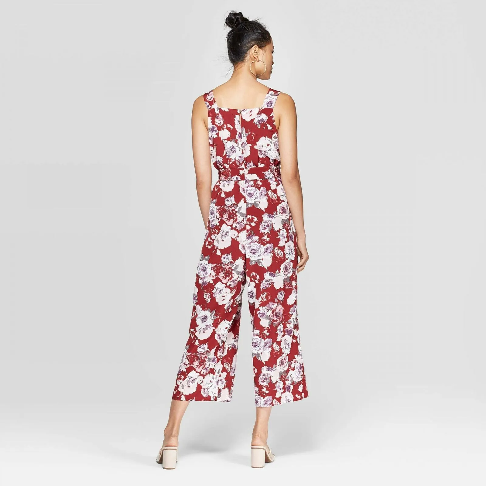 Xhilaration Women's Floral Print Sleeveless Square Neck Tie Waist Cropped Jumpsuit
