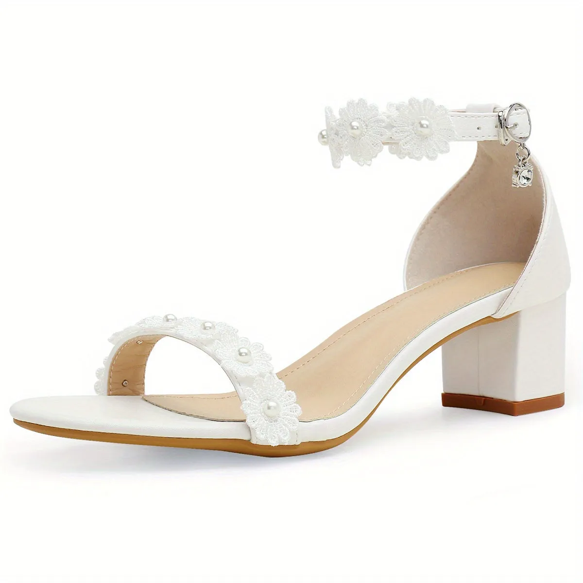 xieyinshe  Women's Chunky Heel Sandals, Flower &faux Pearl Decor Open Toe Ankle Strap Shoes, Versatile Wedding Mid Heels