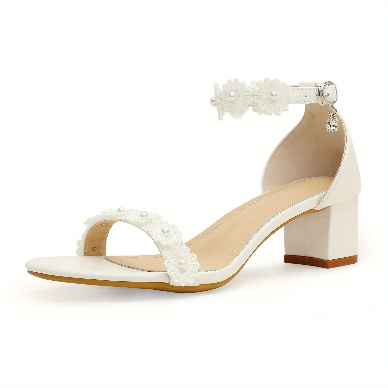 xieyinshe  Women's Chunky Heel Sandals, Flower &faux Pearl Decor Open Toe Ankle Strap Shoes, Versatile Wedding Mid Heels