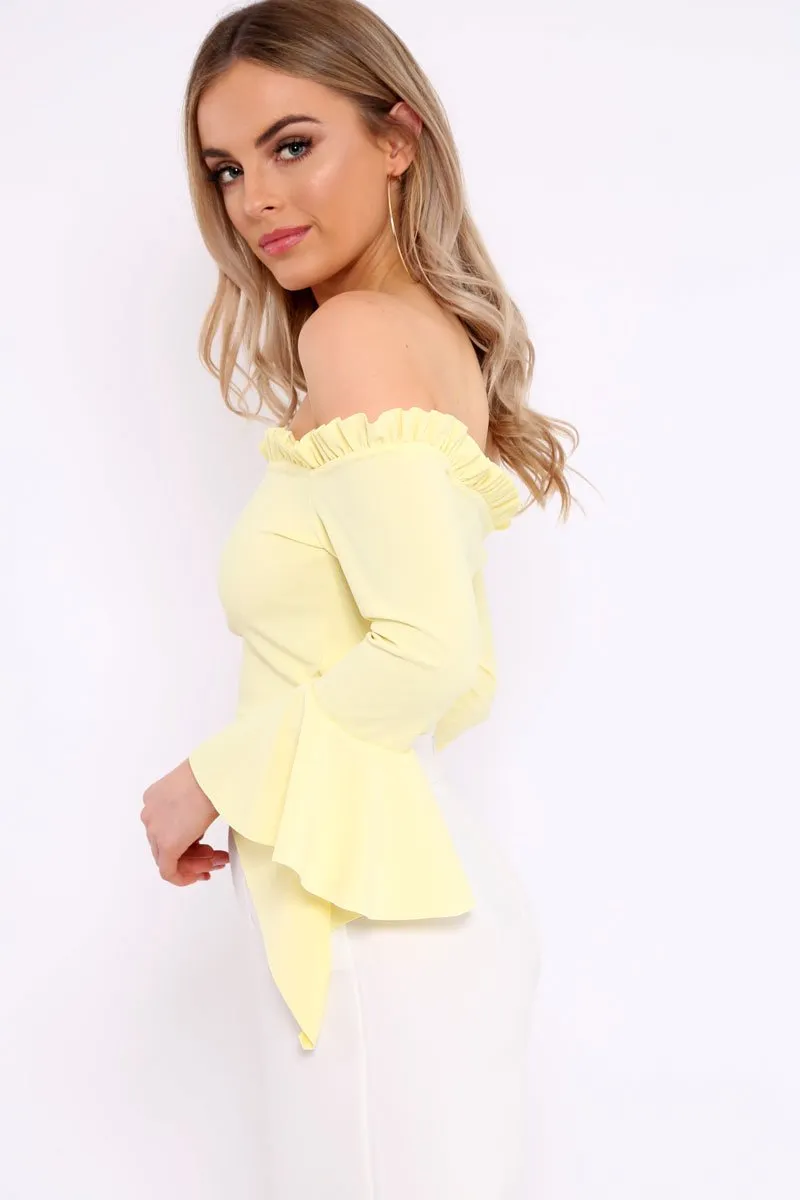 Yellow Bardot Frill Crop Top with Flared Sleeves - Tiffy