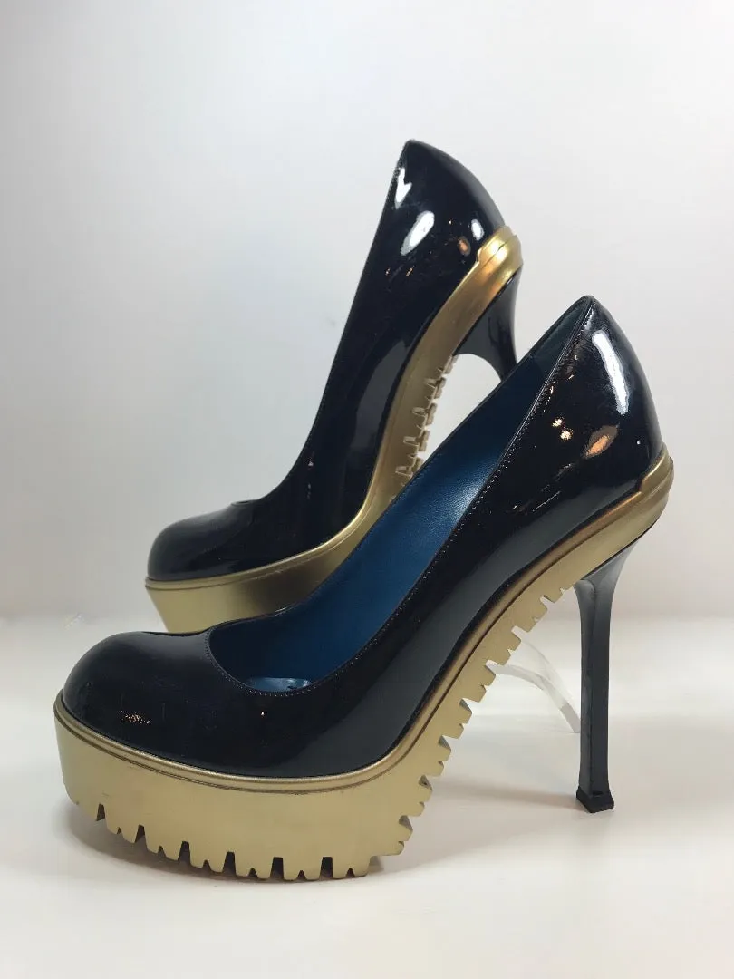 YVES SAINT LAURENT Patent Leather Black Trooper Heels Size 8