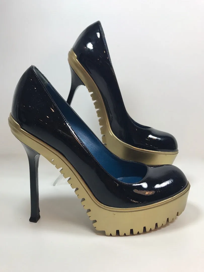 YVES SAINT LAURENT Patent Leather Black Trooper Heels Size 8