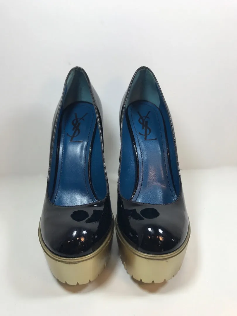 YVES SAINT LAURENT Patent Leather Black Trooper Heels Size 8